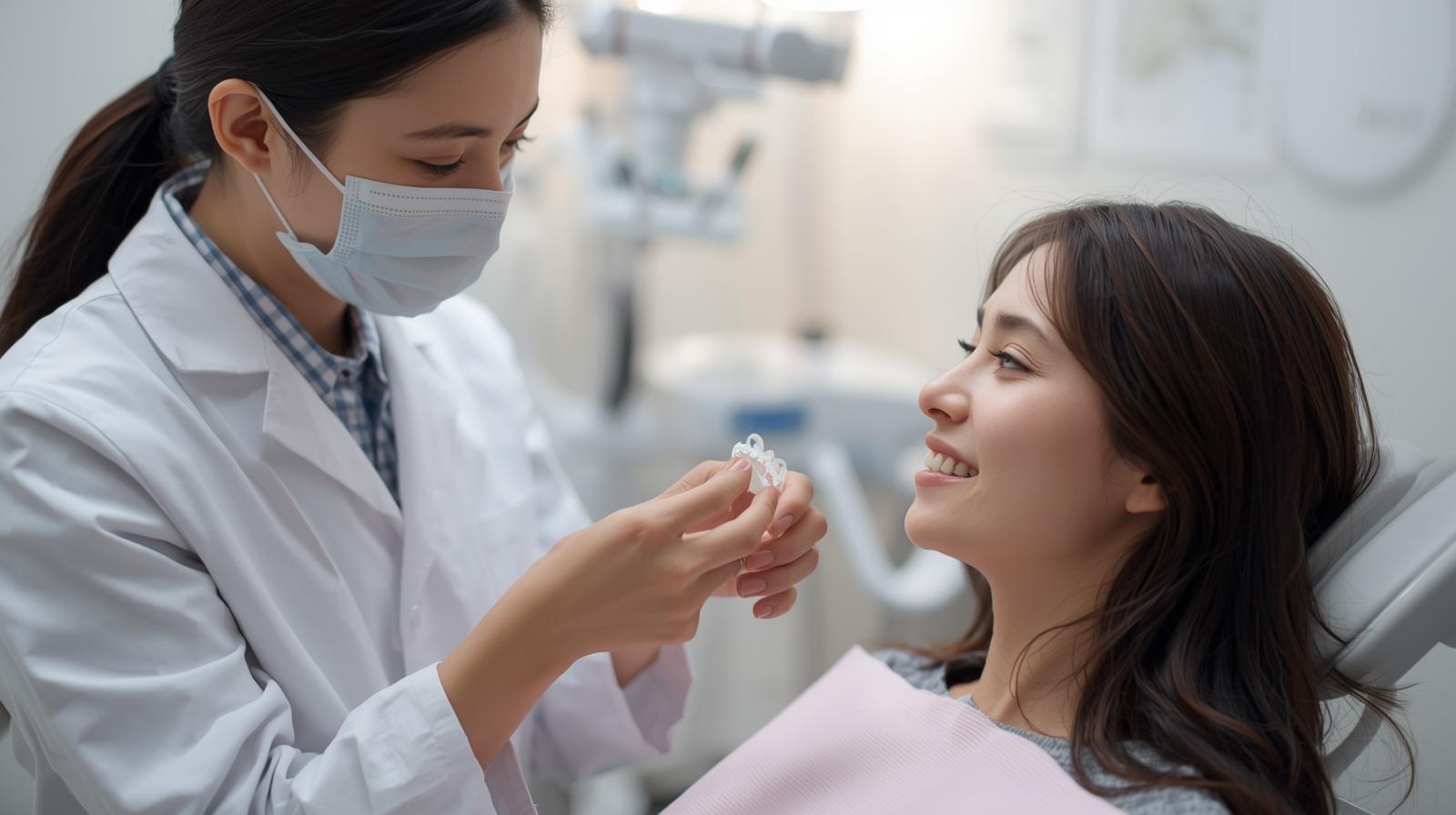 リテーナー（保定装置）を手に持ち、説明を受ける患者と歯科医。落ち着いた雰囲気の診察室、日本