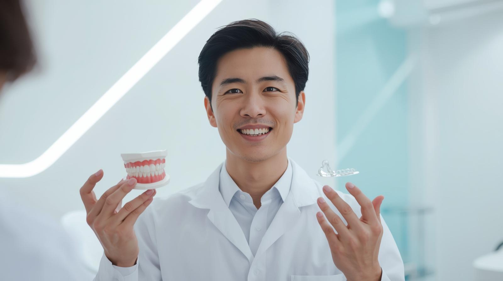 歯の模型と矯正装置を並べて説明する日本人歯科医の手元。白とブルーの背景で清潔感のある構図