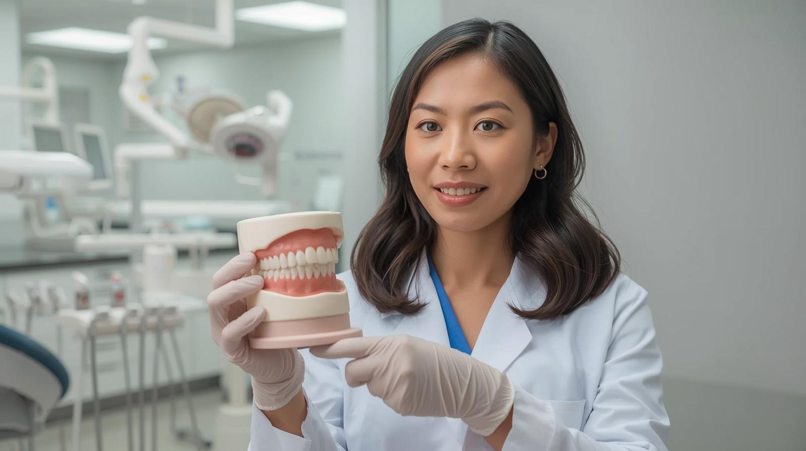 歯の模型を使って矯正の仕組みを説明する歯科医の手元。清潔な診療室内の様子