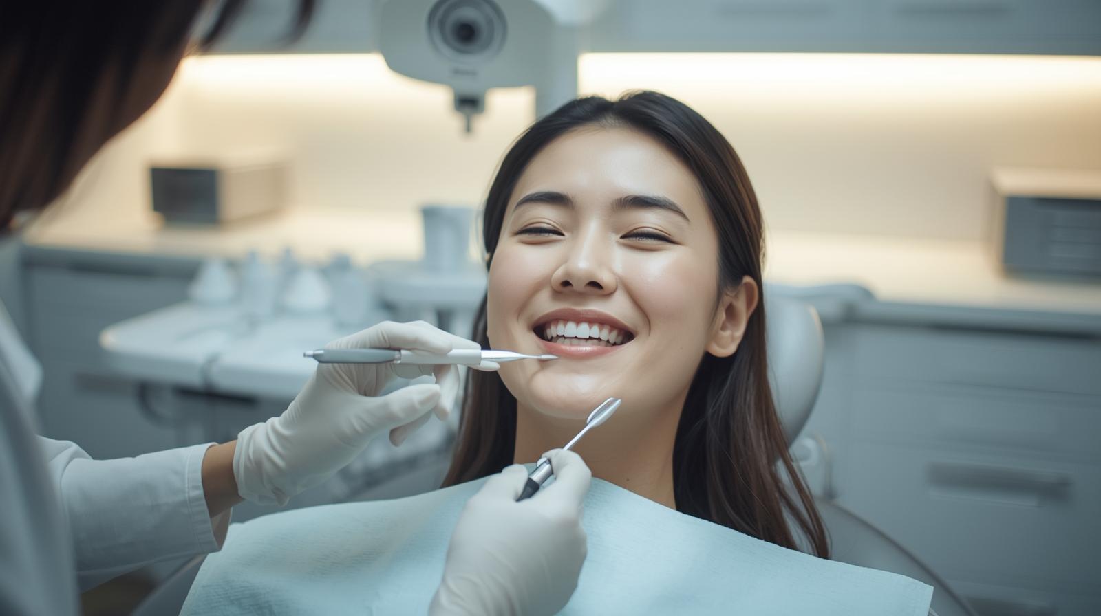 歯科医院で定期検診を受ける日本人女性。歯のクリーニング中の清潔な院内風景