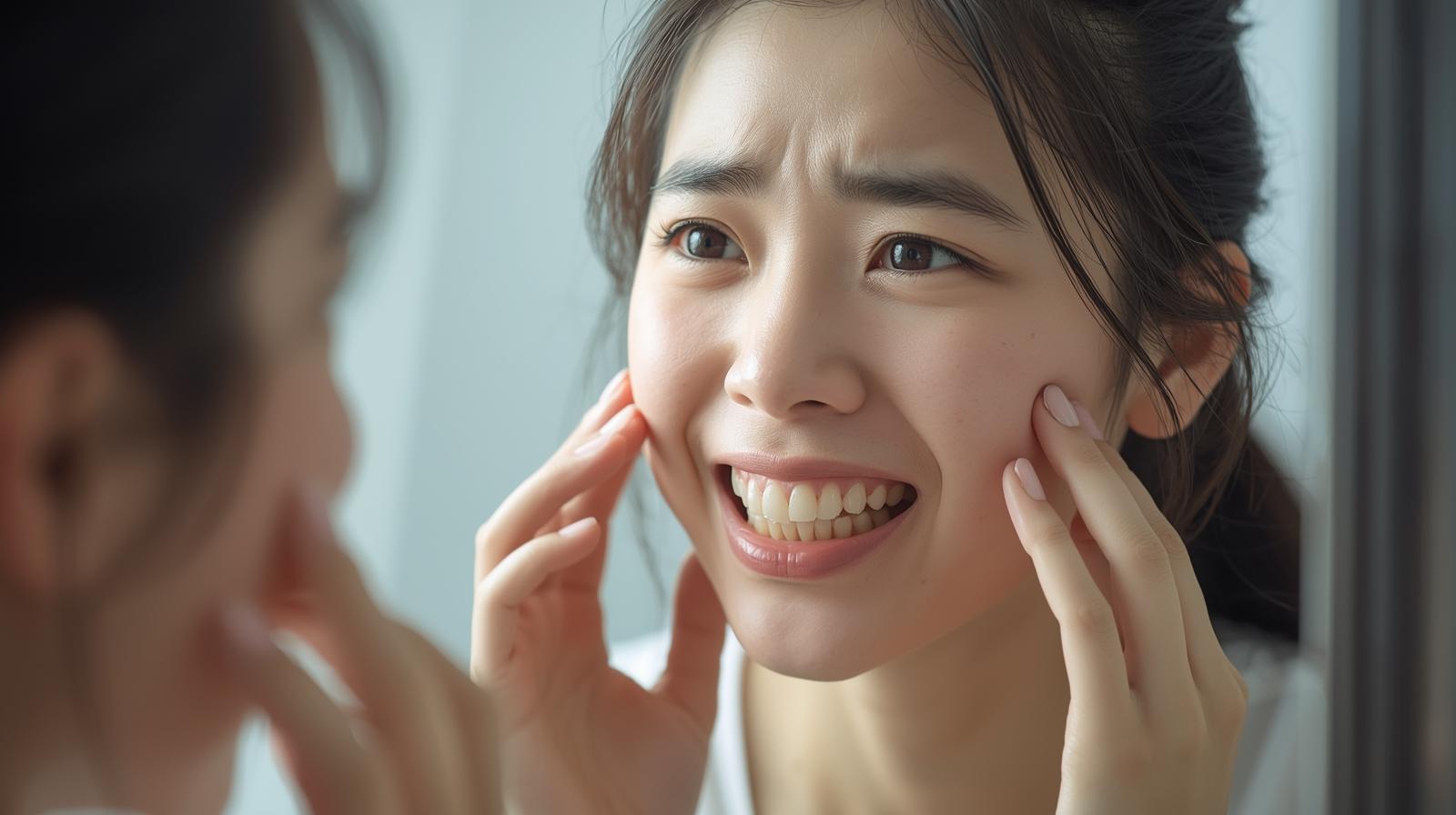 矯正後の歯並びを鏡で確認する若い日本人女性の表情。少し心配そうに歯をチェックしている様子
