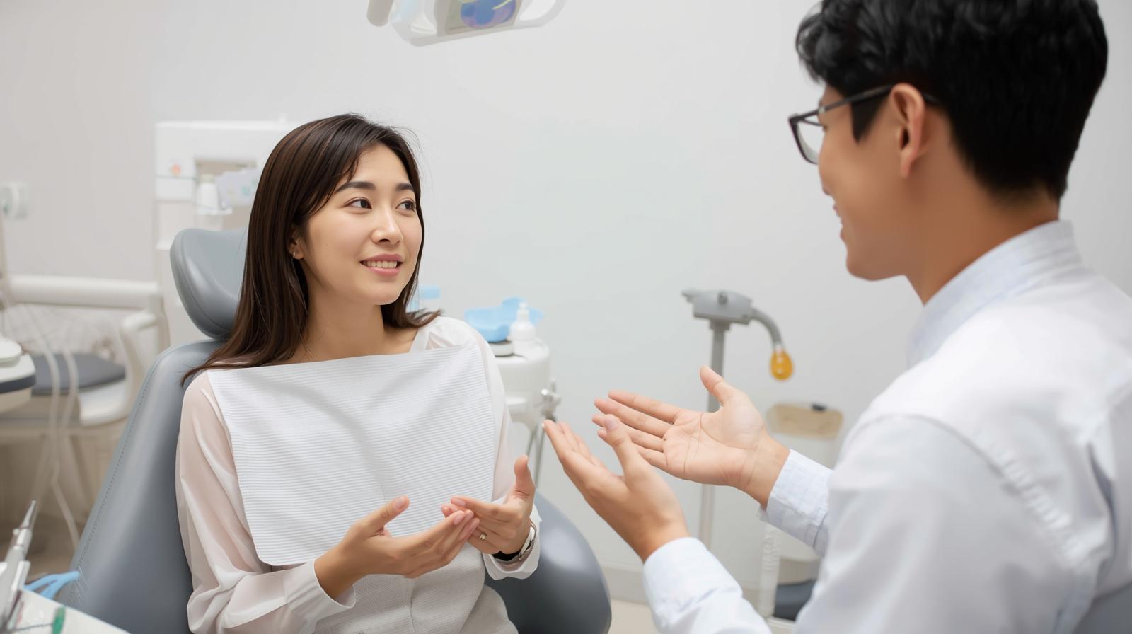 診療台の前で費用や期間について説明を受ける日本人患者と日本人歯科医の様子。落ち着いた印象の相談シーン