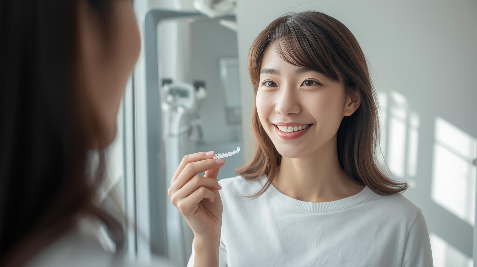 鏡の前で笑顔を見せる日本人女性と、比較イメージとして矯正器具を持つ手元。自然な光のある診療室の雰囲気