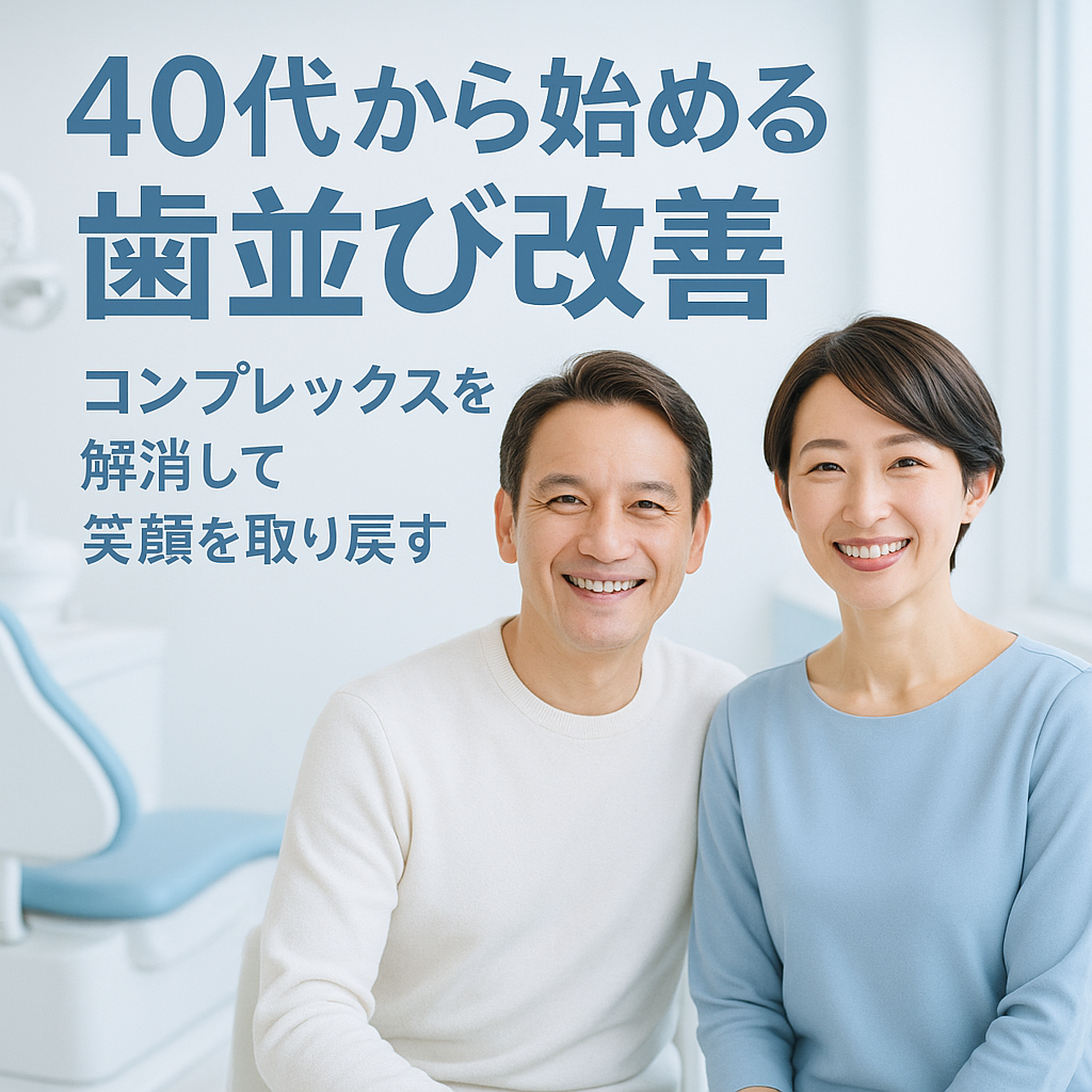 清潔感ある歯科医院で笑顔を見せる40代男女の実写風イメージ。白と淡いブルー基調で、安心感のある雰囲気。タイトル文字入り