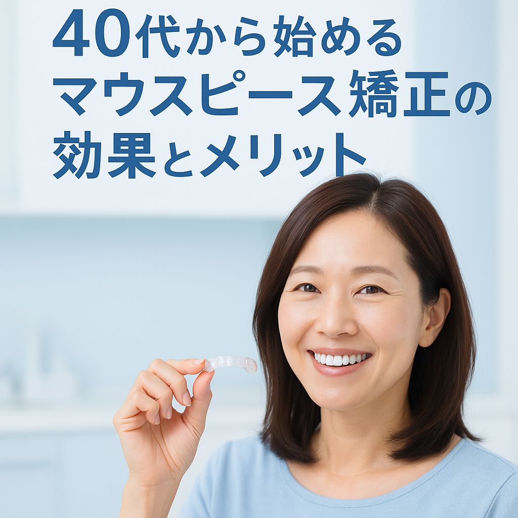 清潔感ある歯科医院でマウスピースを手に微笑む40代女性の実写風イメージ。白と淡いブルー基調で、安心感と信頼感を演出。タイトル「40代から始めるマウスピース矯正の効果とメリット」文字入り。