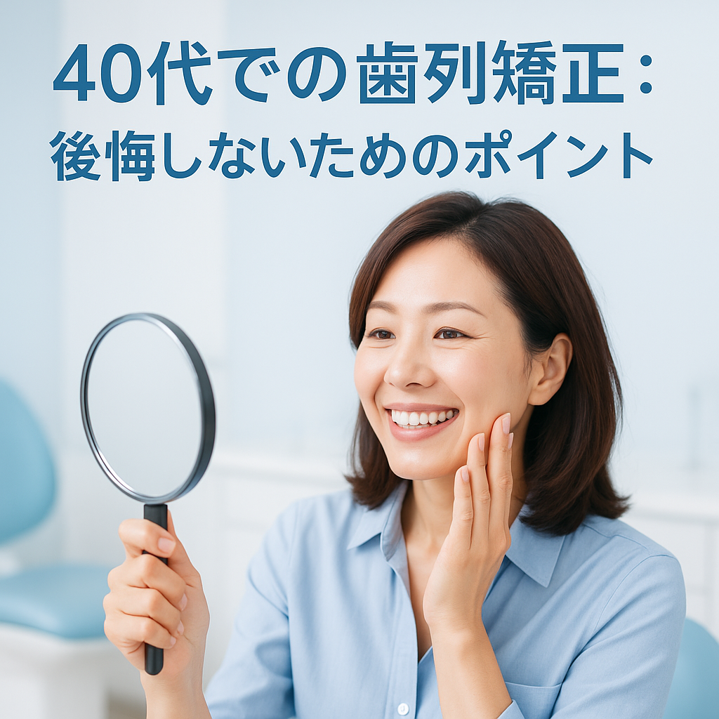「40代での歯列矯正：後悔しないためのポイント」 👉 清潔感ある歯科医院で鏡を見ながら笑顔を見せる40代女性の実写風イメージ。白と淡いブルー基調で、安心感と信頼感を感じる雰囲気。タイトル文字入り。