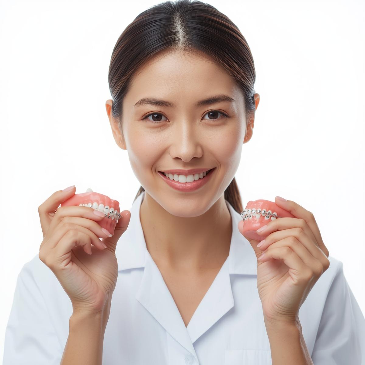 ワイヤー矯正やマウスピース矯正の模型を並べて比較している日本人歯科医師の手元を写した実写風写真。白い背景で清潔感を演出。