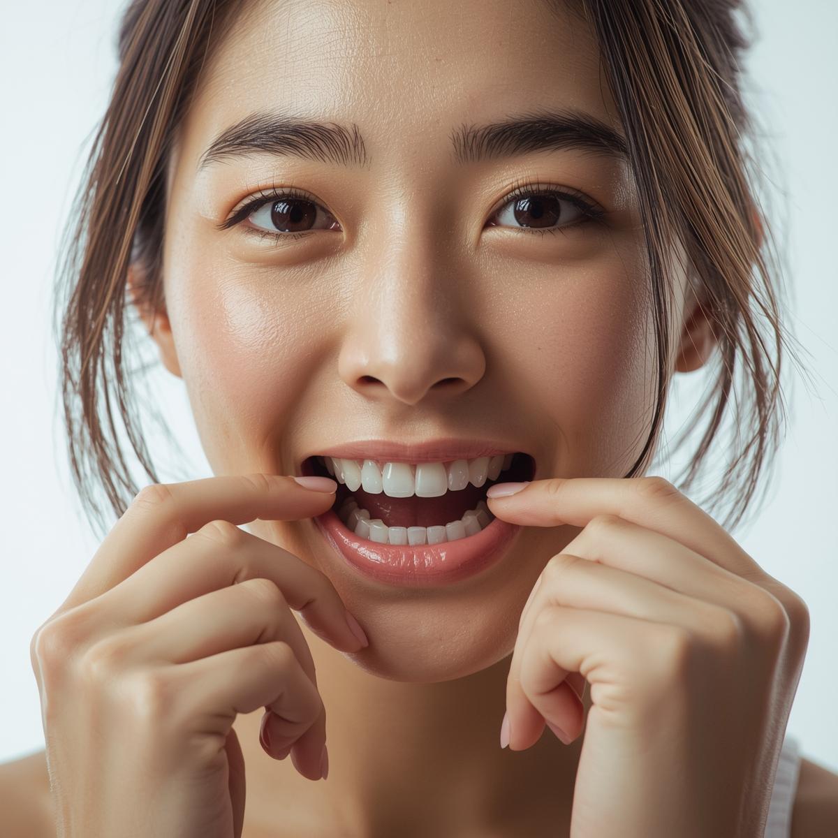 マウスピースを装着する日本人女性の手元をクローズアップした実写風イメージ。白い背景でシンプルに。