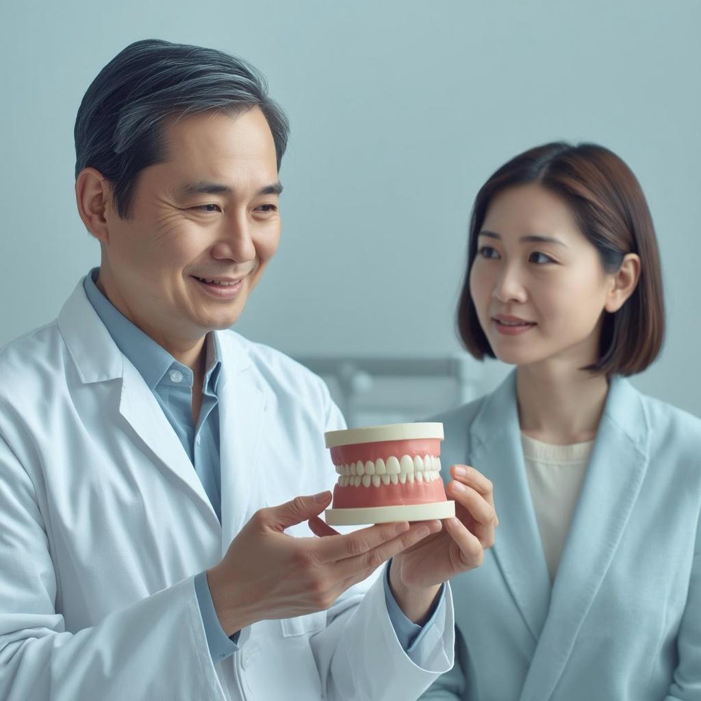 治療前後の模型を手に説明する日本人歯科医師と、それを聞く日本人患者の実写風イメージ。淡いブルー調で安心感を演出。