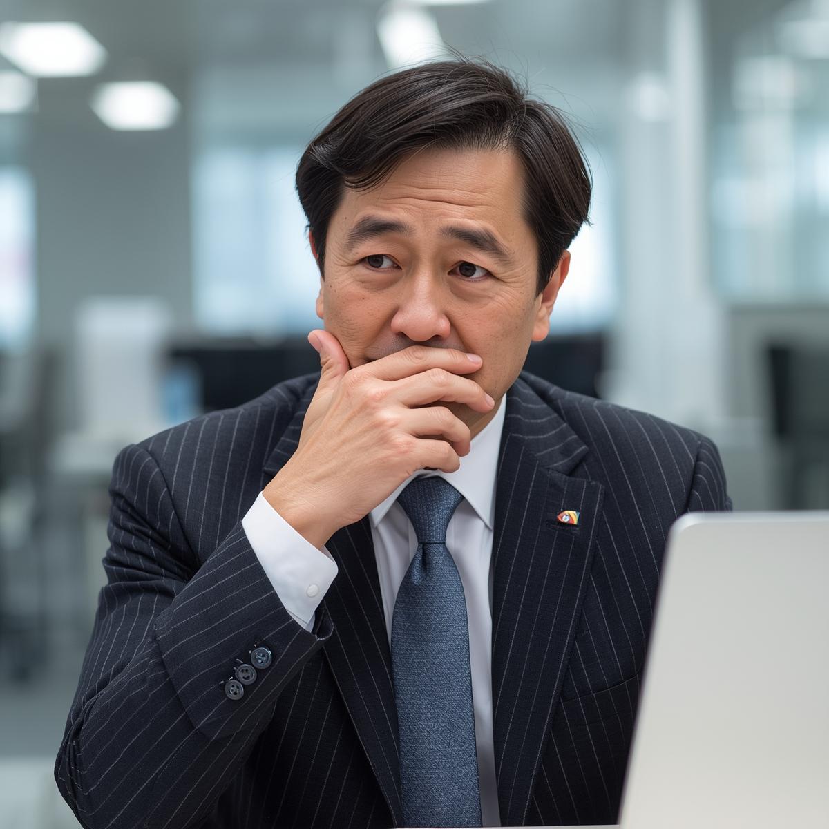 営業中の40代男性日本人サラリーマンが歯並びを気にして口元を押さえ顔を少ししかめている様子。スーツにネクタイを締めている。場所はオフィス。