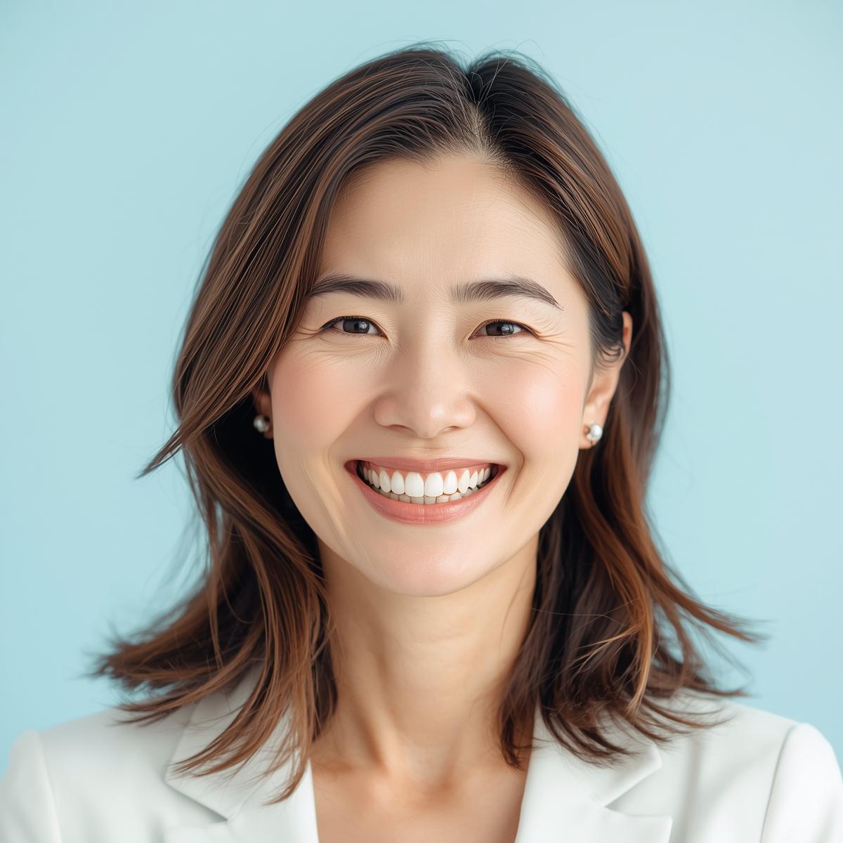 整った歯並びで自信のある笑顔を見せる40代日本人女性の実写風写真。白と淡いブルーを基調に前向きで爽やかな印象。