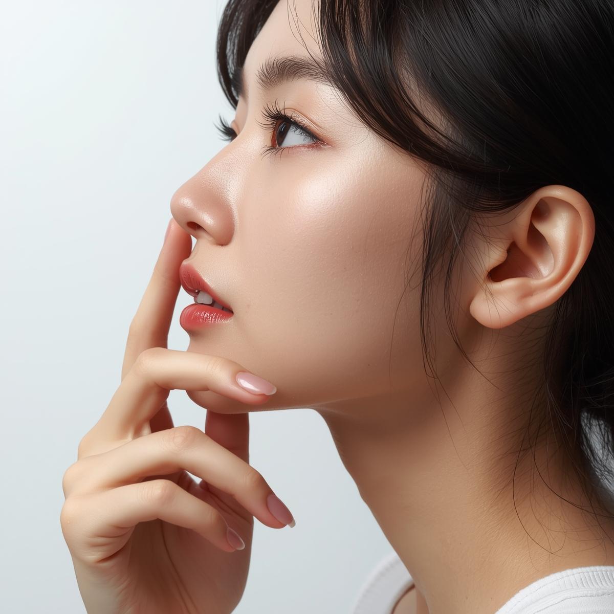 日本人女性の横顔を横から撮影し、鼻・唇・あごのラインを指で示すシーンの実写風写真。シンプルで清潔感のある背景