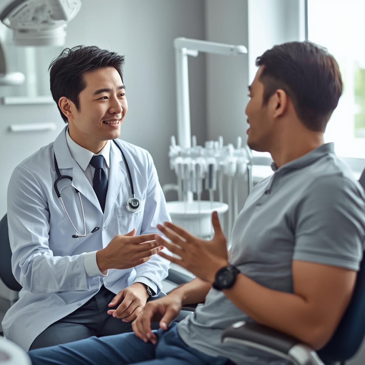 日本人歯科医と患者が治療計画について話し合う様子。信頼感のあるコミュニケーションのシーン_