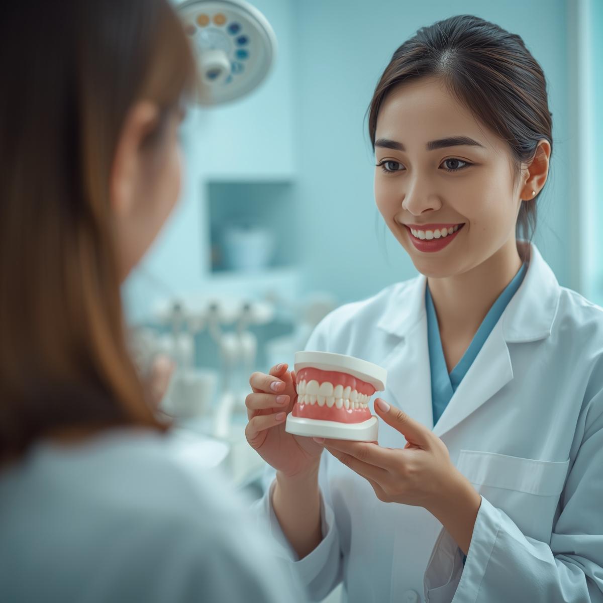 日本人歯科医師がEラインの説明を行いながら、日本人女性患者に模型を見せている実写風写真。淡いブルー基調の院内風景