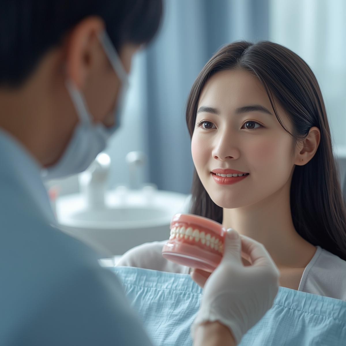 日本人歯科医師が模型を用いて説明し、落ち着いた表情で聞く大人の日本人女性の実写風イメージ。淡いブルー基調の院内。
