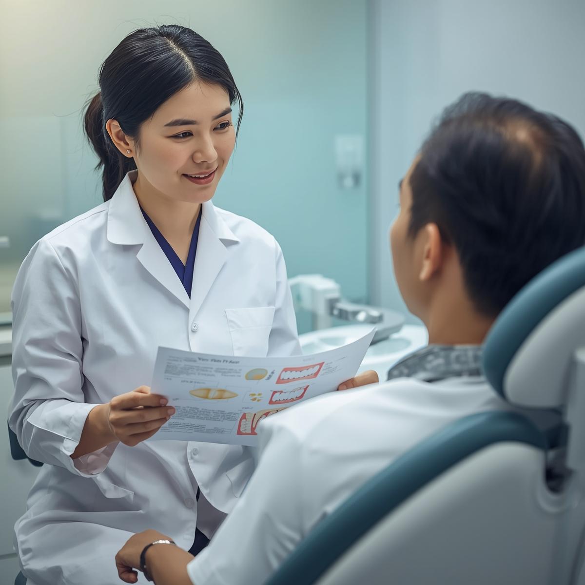 日本人歯科医師が説明資料を見せながら、落ち着いた雰囲気で日本人患者に説明している実写風イメージ。淡いブルーの院内背景。