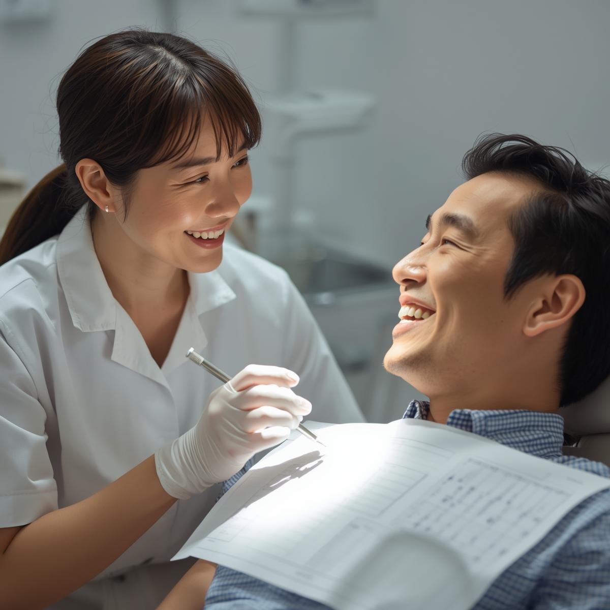 日本人歯科医師と日本人患者が笑顔で相談しながら治療計画を確認している実写風イメージ。信頼感のある明るく清潔感のある照明。