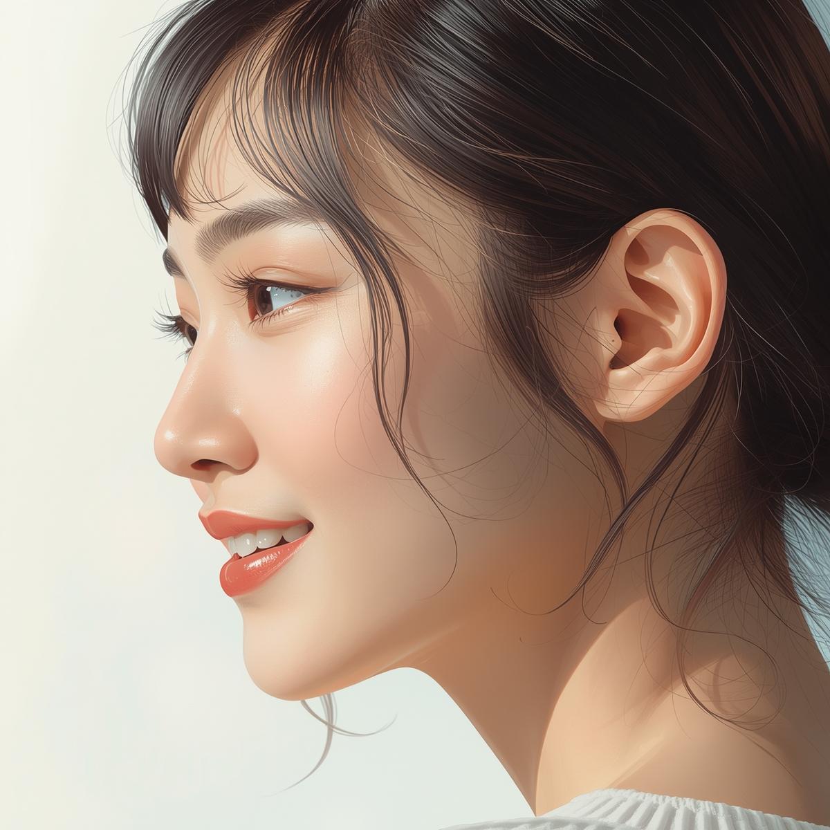 横顔が美しく整った日本人女性が笑顔で立つ実写風イメージ。白と淡いブルーを基調に、明るく前向きな印象