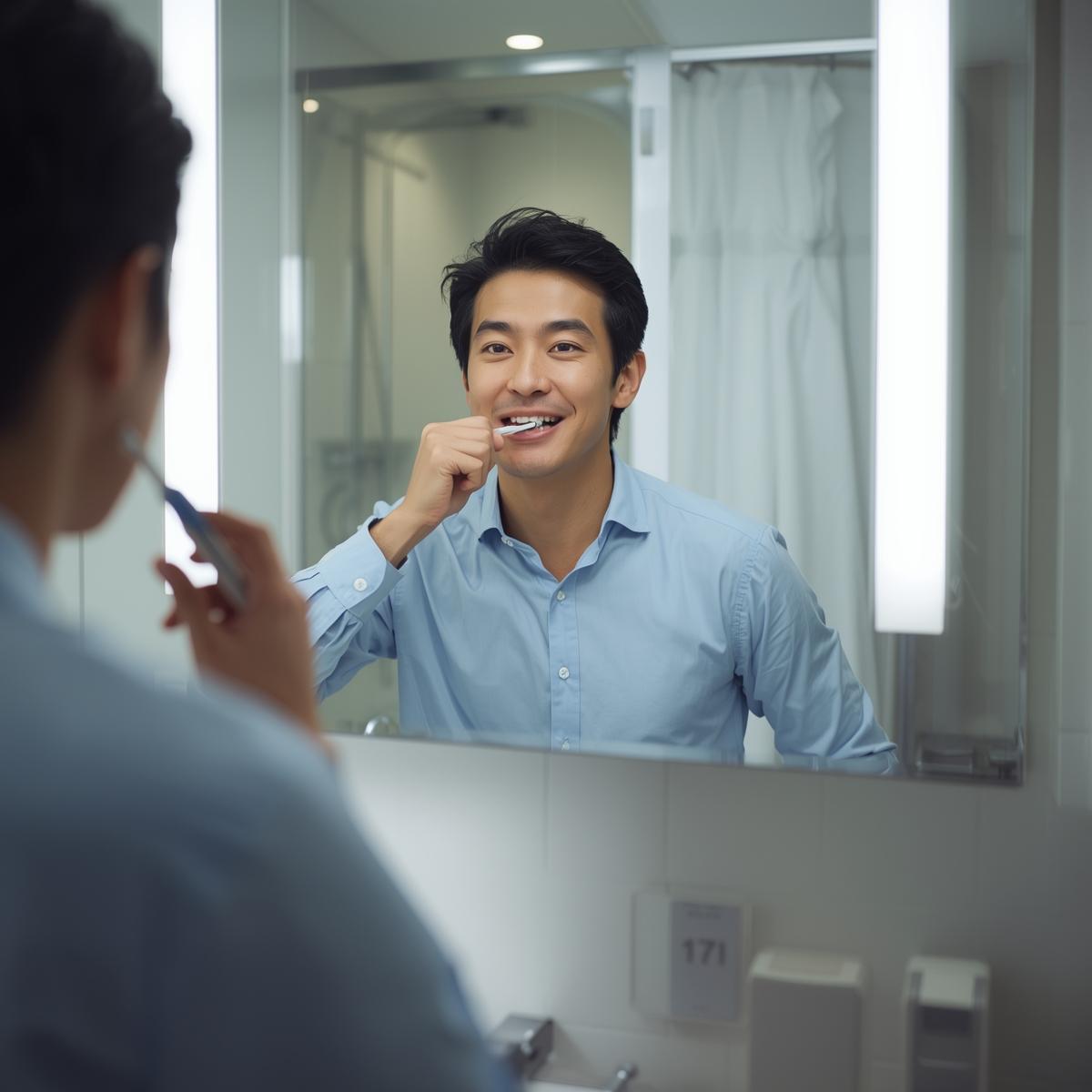 歯ブラシを持ち、鏡の前で歯を丁寧に磨くYシャツ姿の日本人男性の実写風写真。自然光の入る清潔な洗面所