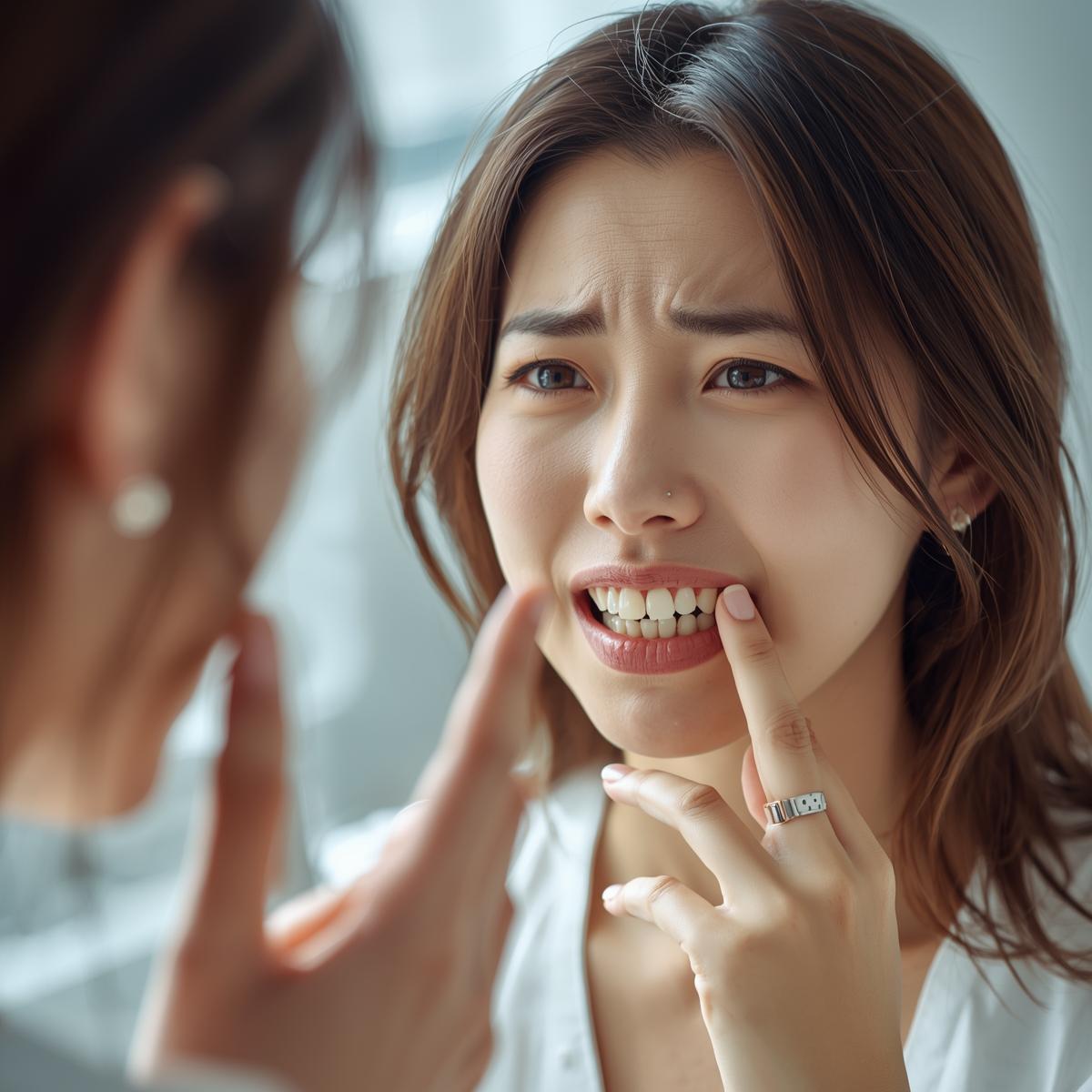 歯並びを気にして鏡を見る日本人女性の実写風写真。明るい自然光の中で、口元をそっと触れる姿