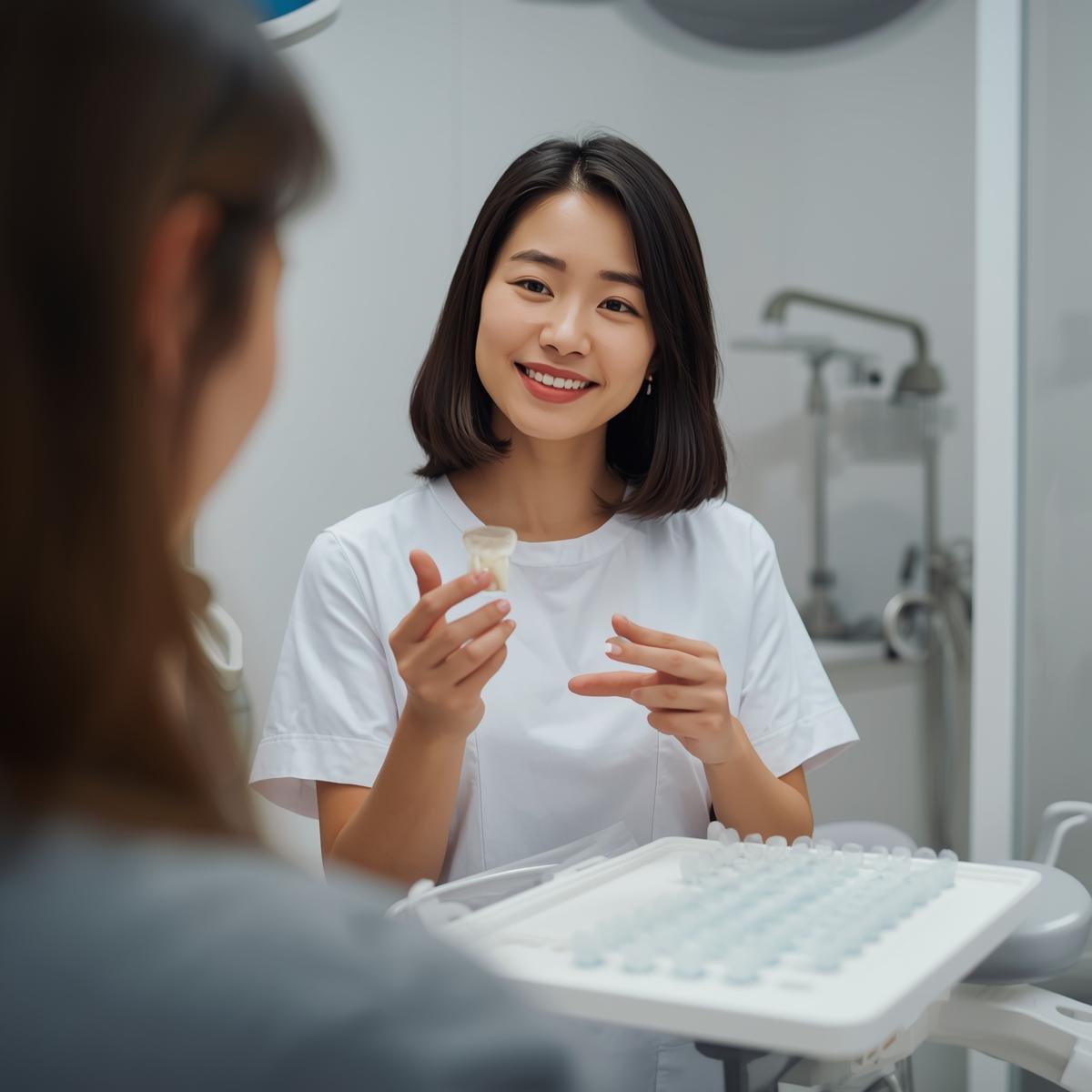 歯列矯正の模型を手に説明する日本人歯科医師の実写風写真。歯科医院の机の上に透明なマウスピースが並ぶ