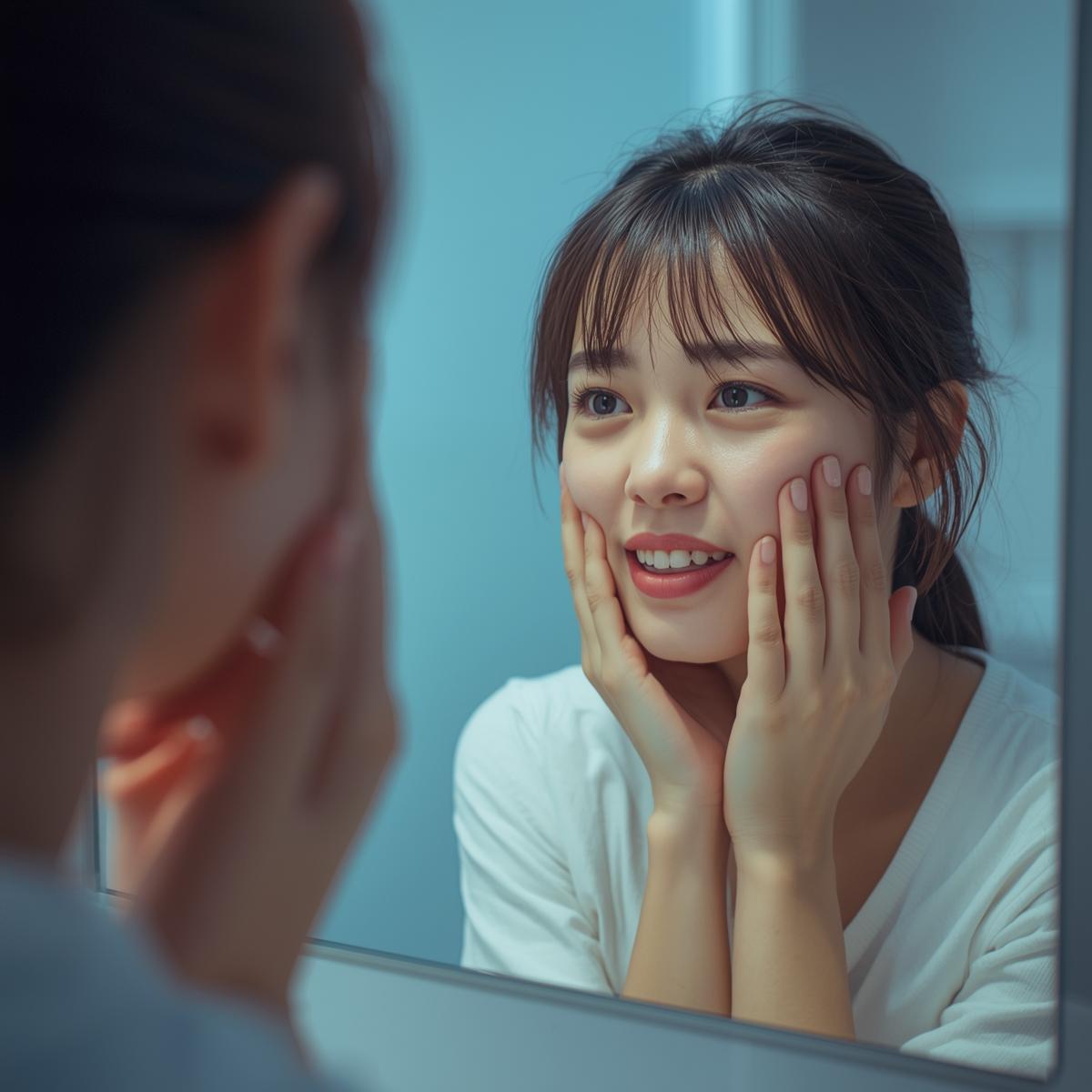 歯列矯正後の違和感を鏡で確認し、考え込む日本人女性の実写風写真。白とブルー基調で落ち着いた雰囲気。