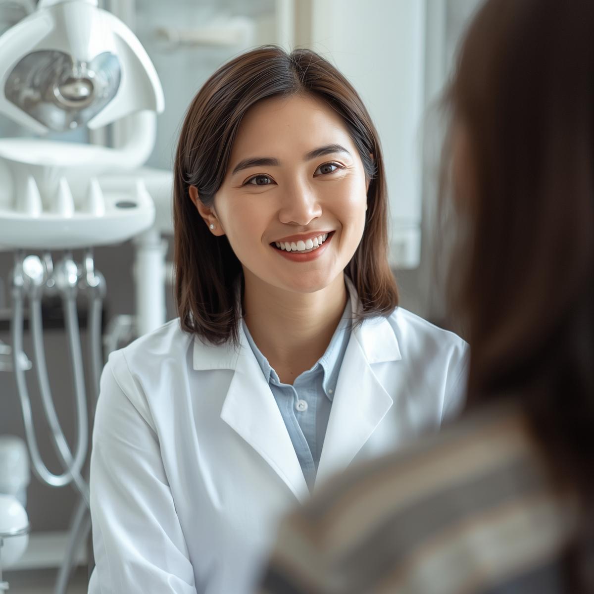 歯科医院で日本人女性歯科医が質問に答えるように笑顔で対応している実写風イメージ。明るく信頼感のある表情。
