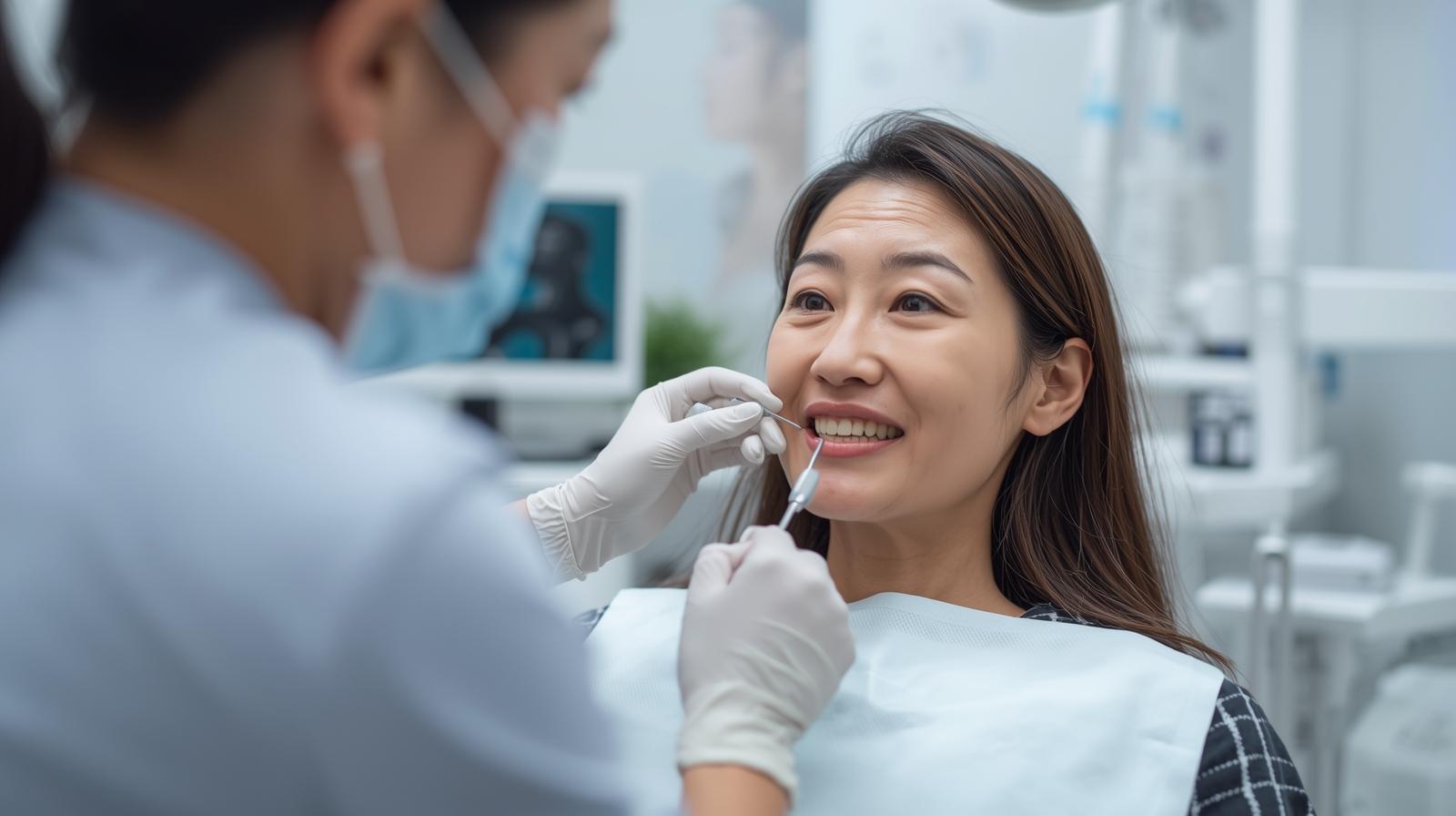 歯科医院で矯正相談を受ける40代の日本人女性と歯科医の実写風イメージ。穏やかに話す安心感のあるシーン