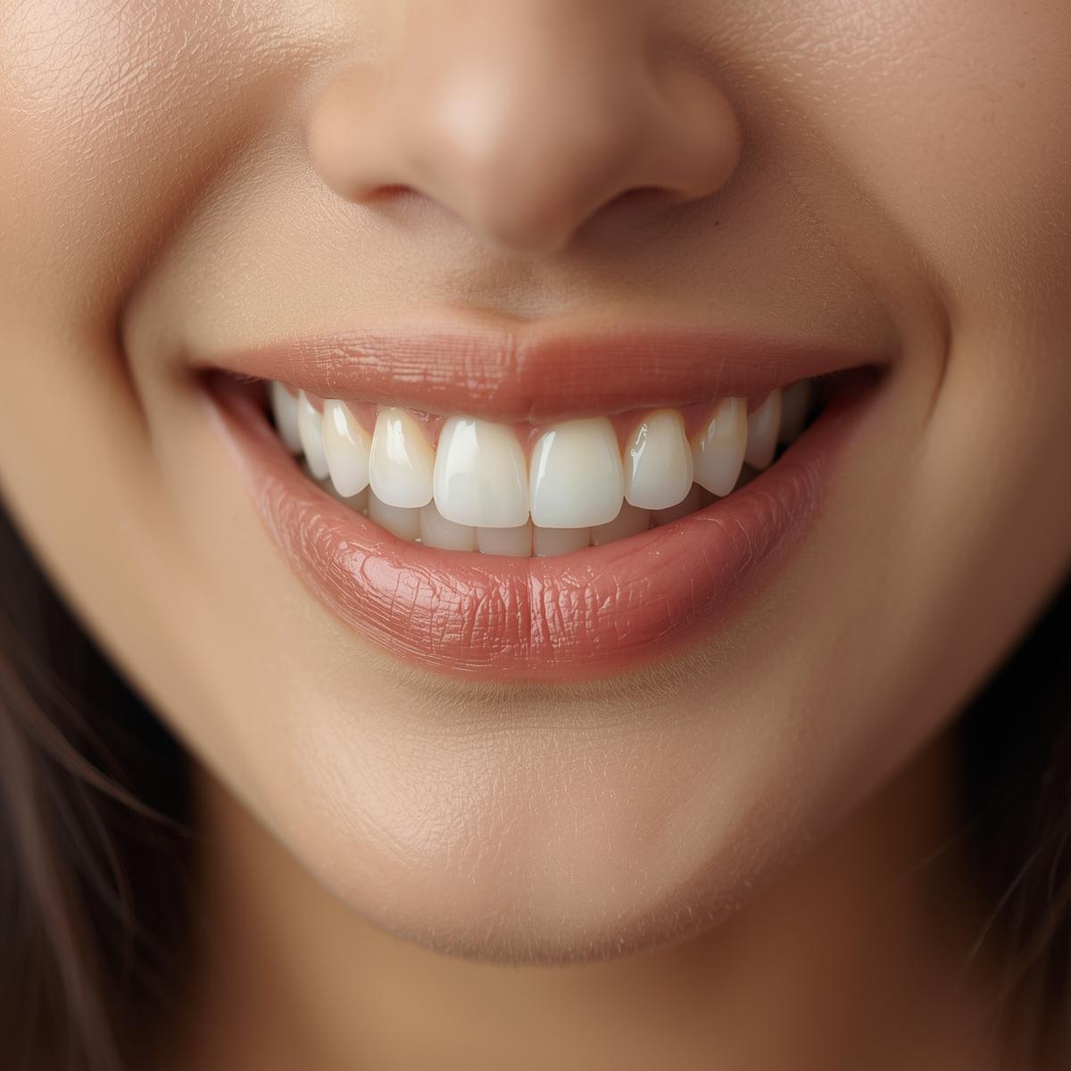 治療後の整った歯並びの実写風の日本人女性の口元イメージ。自然光の下で清潔感ある写真構成
