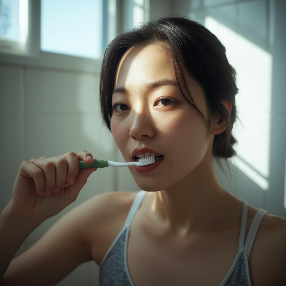 洗面所で歯磨きを丁寧に行う日本人女性の実写風写真。自然光の入る清潔な空間で、安心感を与える雰囲気。