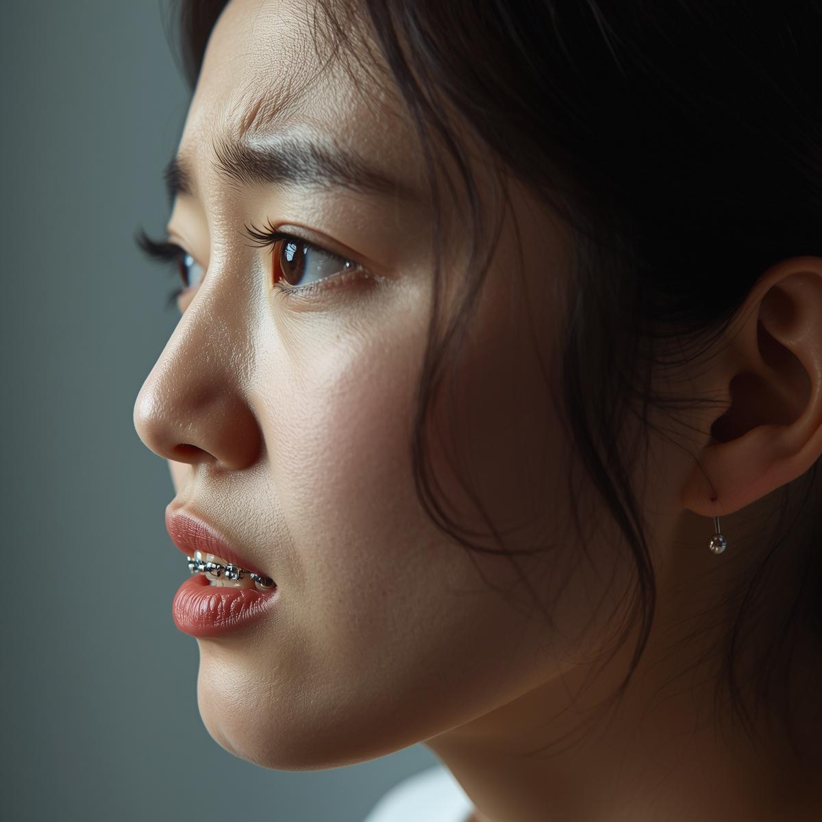 矯正器具を見つめながら少し悩む日本人女性の横顔。落ち着いたトーンで考える様子