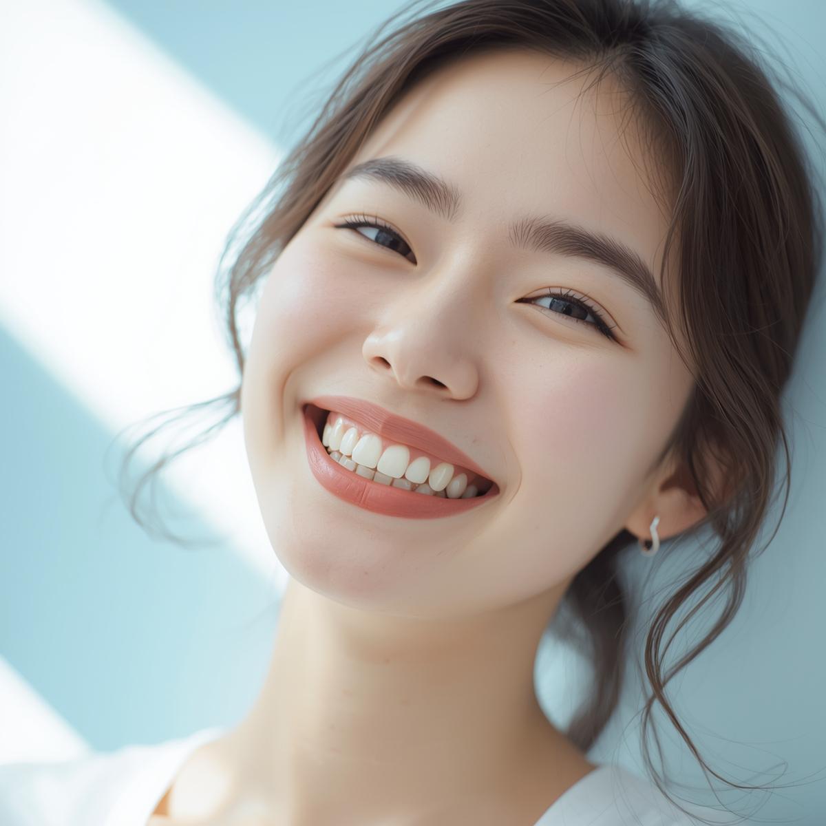 矯正治療を終えて自然な笑顔を見せる日本人女性の実写風写真。白と淡いブルーを基調に、爽やかで前向きな印象。