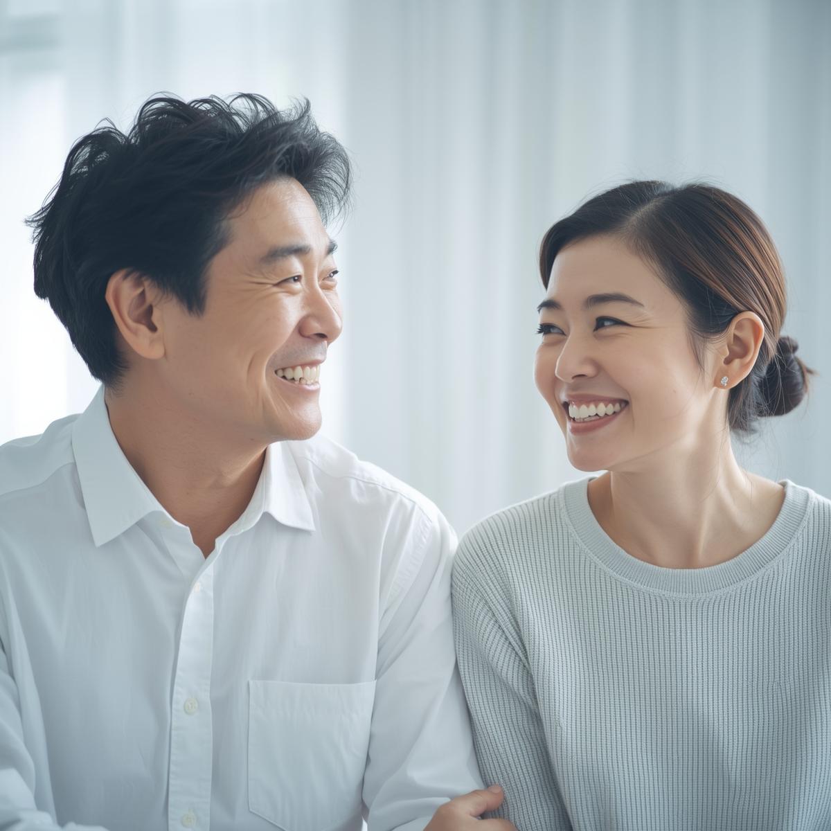 笑顔で自然に会話する40代日本人男女の実写風イメージ。白と淡いブルーを基調に、前向きで明るい雰囲気。