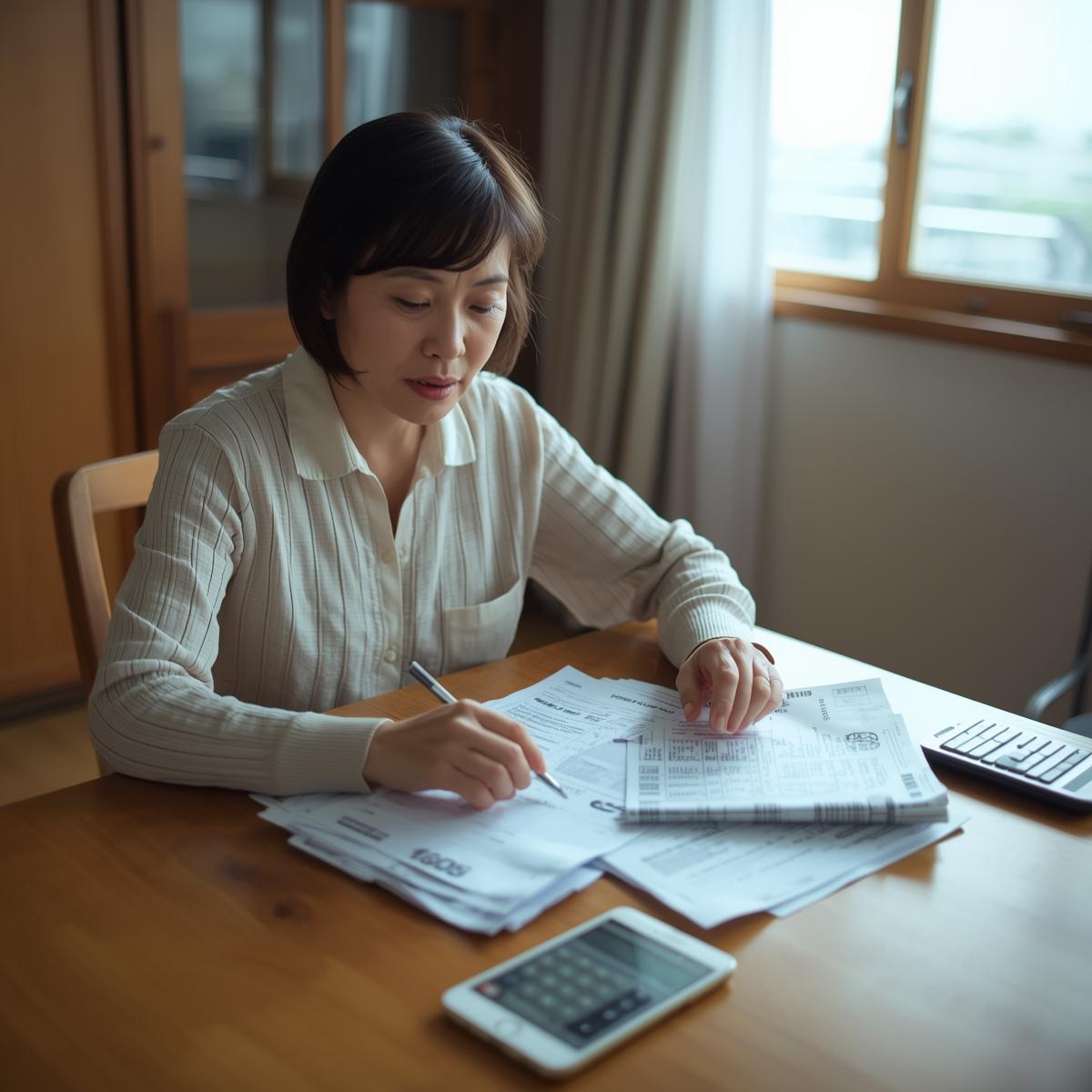 自宅でスマホと電卓を前に費用を検討する日本人40代女性の実写風イメージ。落ち着いたトーンで安心感のある構図