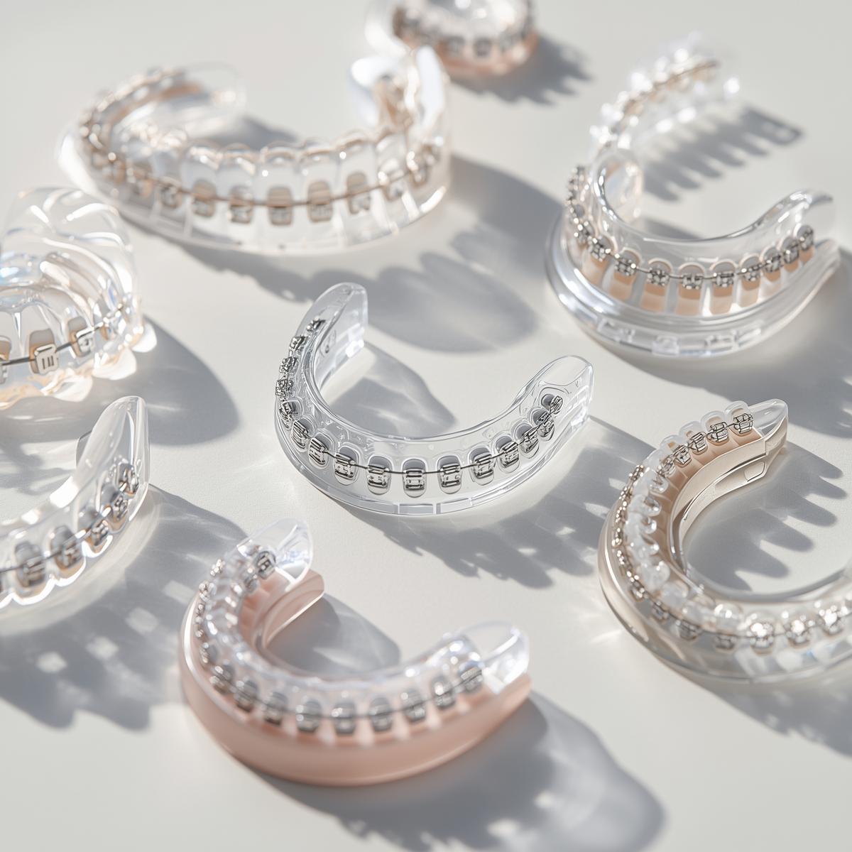 透明なマウスピース矯正やワイヤー装置など、複数の矯正器具が並ぶ実写風写真。清潔でシンプルな背景。