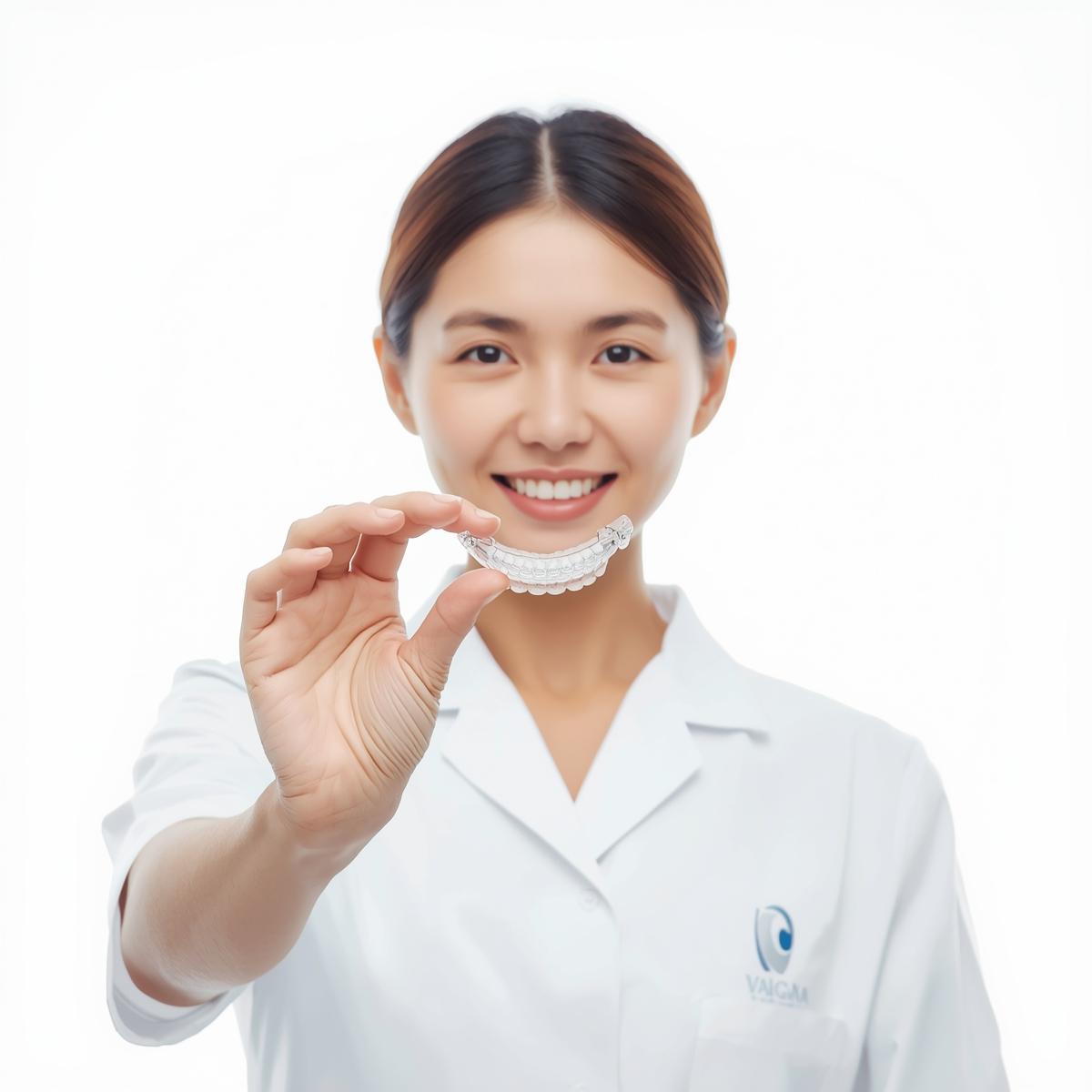 透明なマウスピース矯正装置を手に持つ日本人歯科医師の手元を写した実写風写真。白い背景で清潔感を強調