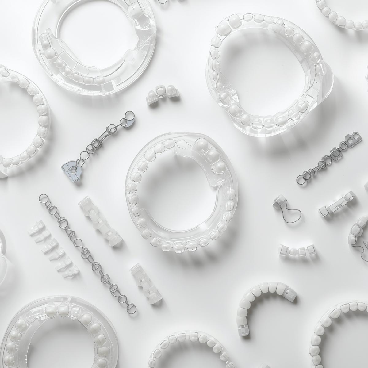 透明マウスピースやブラケット装置など複数の矯正器具を並べた清潔なテーブル上のイメージ写真