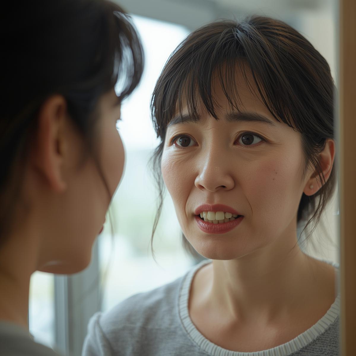 鏡の前で出っ歯を気にする40代日本人女性の実写風写真。明るい室内で落ち着いた表情。