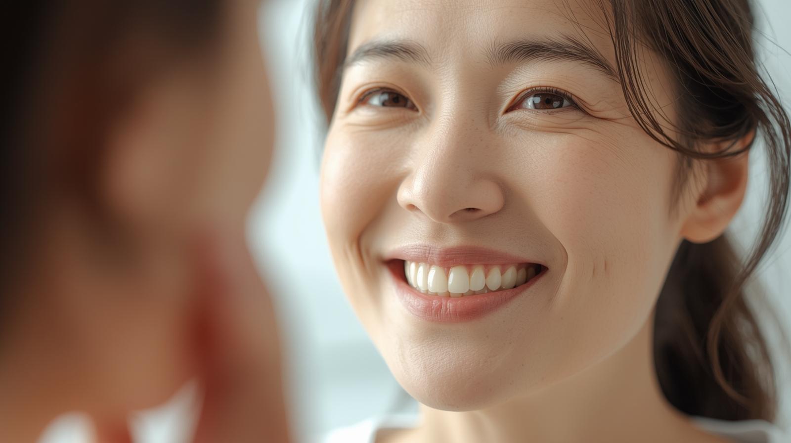 鏡を見ながら笑顔を見せる40代の日本人女性。矯正による口元の変化を実感する明るい表情