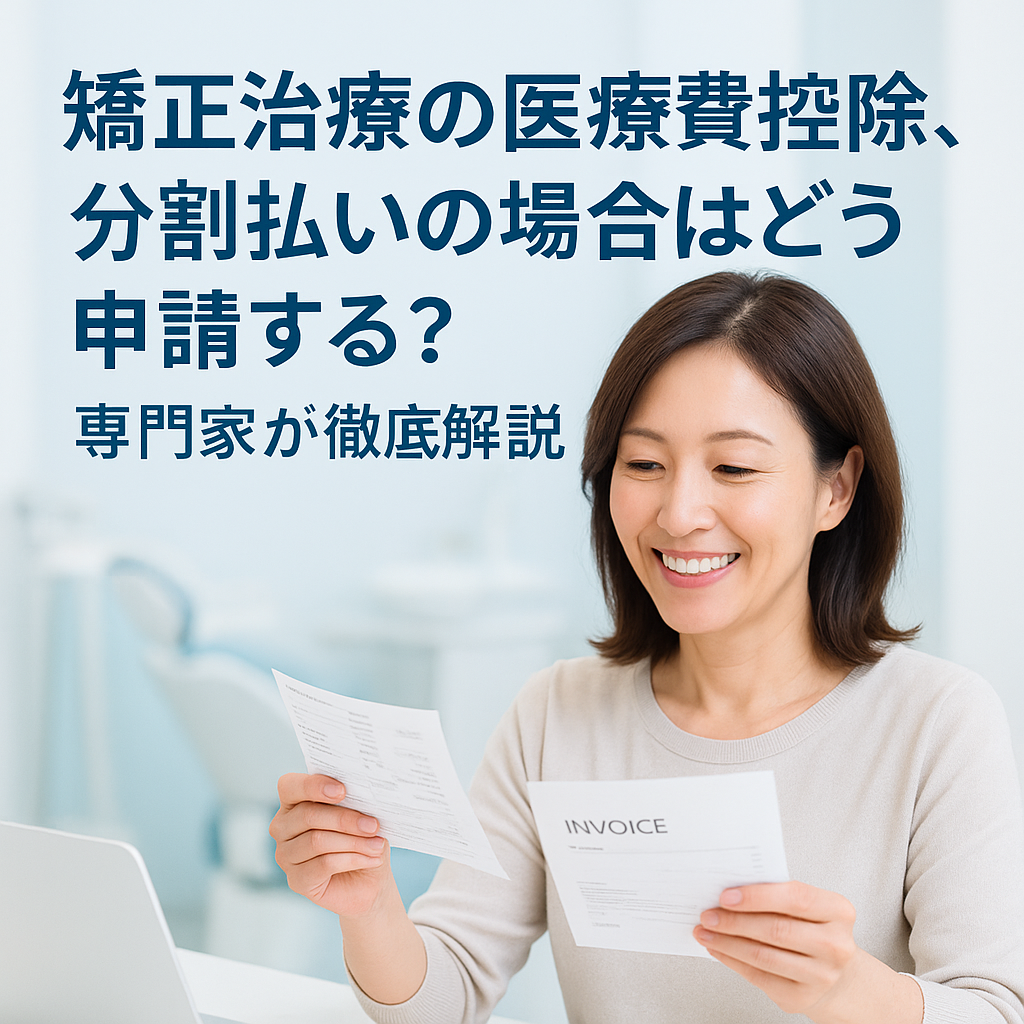「矯正治療の医療費控除、分割払いの場合はどう申請する？専門家が徹底解説」 👉 清潔感ある歯科医院で、領収書や計算書を確認する女性の実写風イメージ。白と淡いブルー基調で、信頼感と安心感のある雰囲気。タイトル文字入り。
