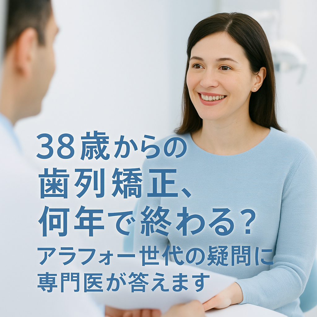 「38歳からの歯列矯正、何年で終わる？アラフォー世代の疑問に専門医が答えます」 👉 清潔感ある歯科医院で、笑顔の女性が矯正治療について相談している実写風イメージ。白と淡いブルー基調で、落ち着きと信頼感のある雰囲気。タイトル文字入り。