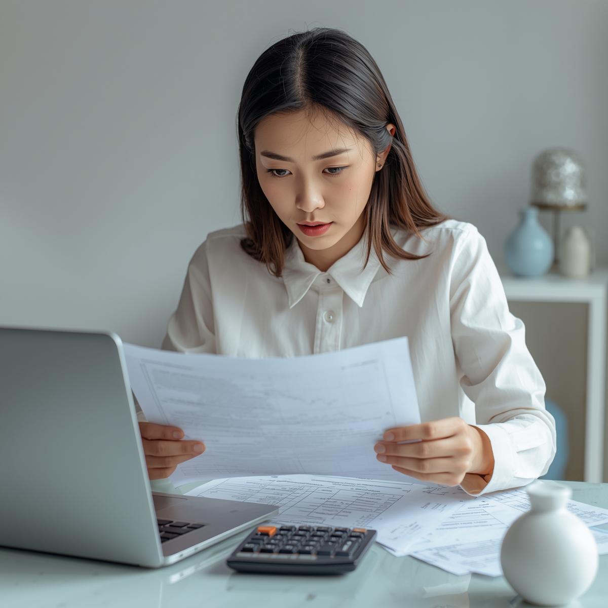 ノートパソコンと電卓を前に控除額を確認する日本人女性の実写風写真。白と淡いブルーを基調にした清潔感あるデスク周り。