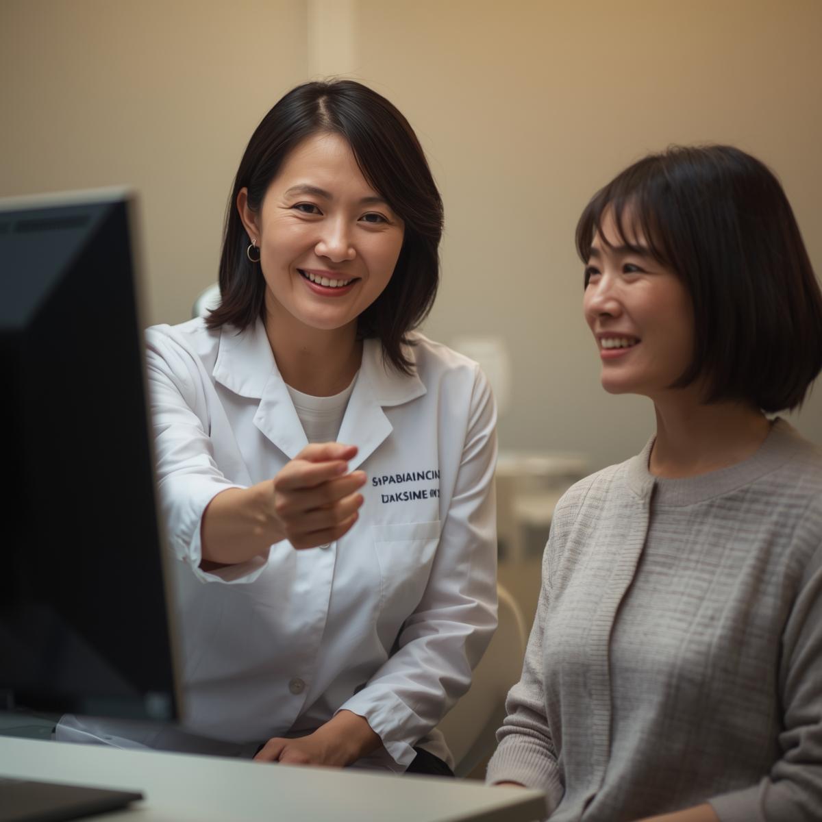 モニターを前に費用を説明する日本人女性歯科医師と安心した表情で聞く日本人女性患者の実写風イメージ。信頼感を感じる構図。