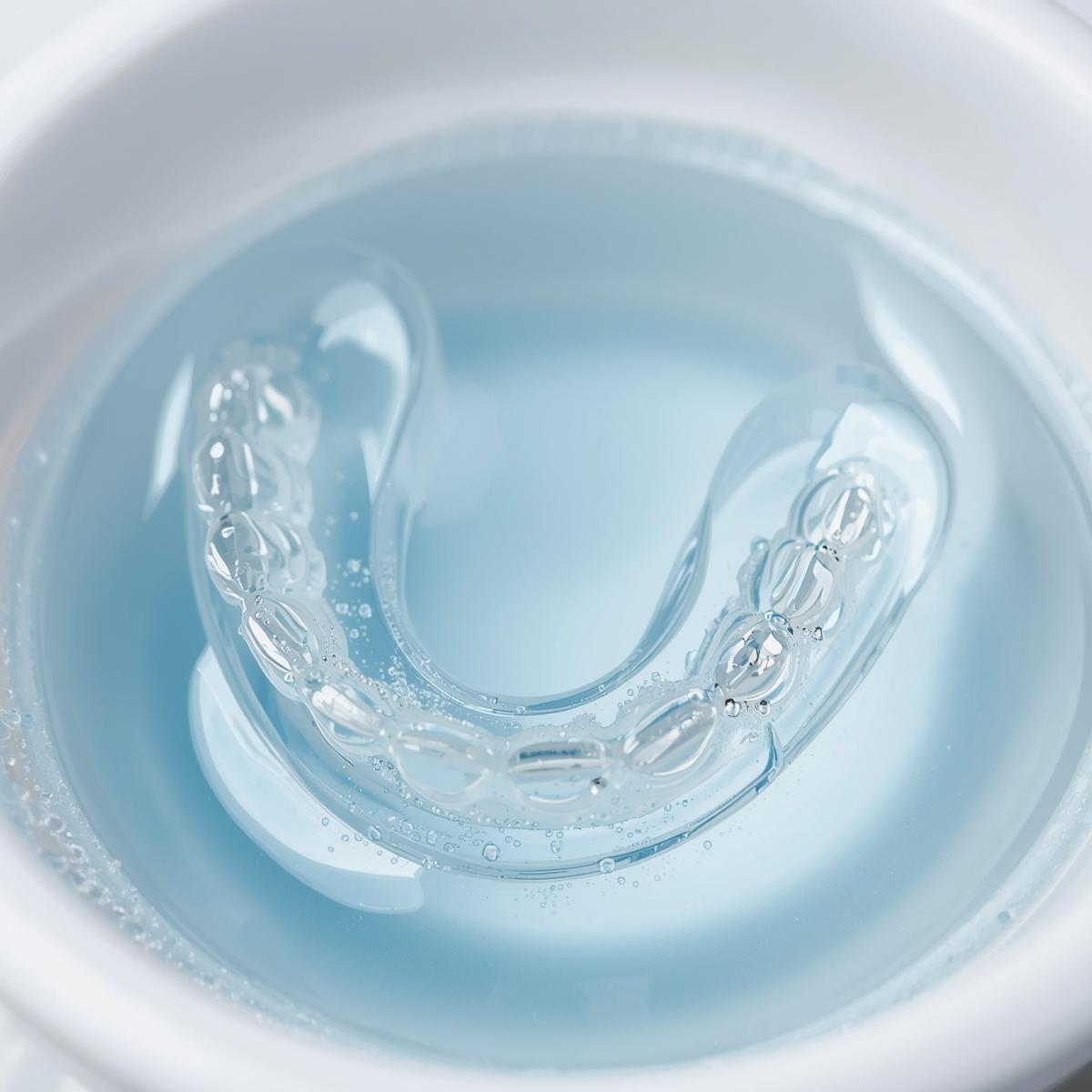 リテーナー（歯科器具）を洗浄液に浸けている様子。清潔感と衛生意識を感じる構図。