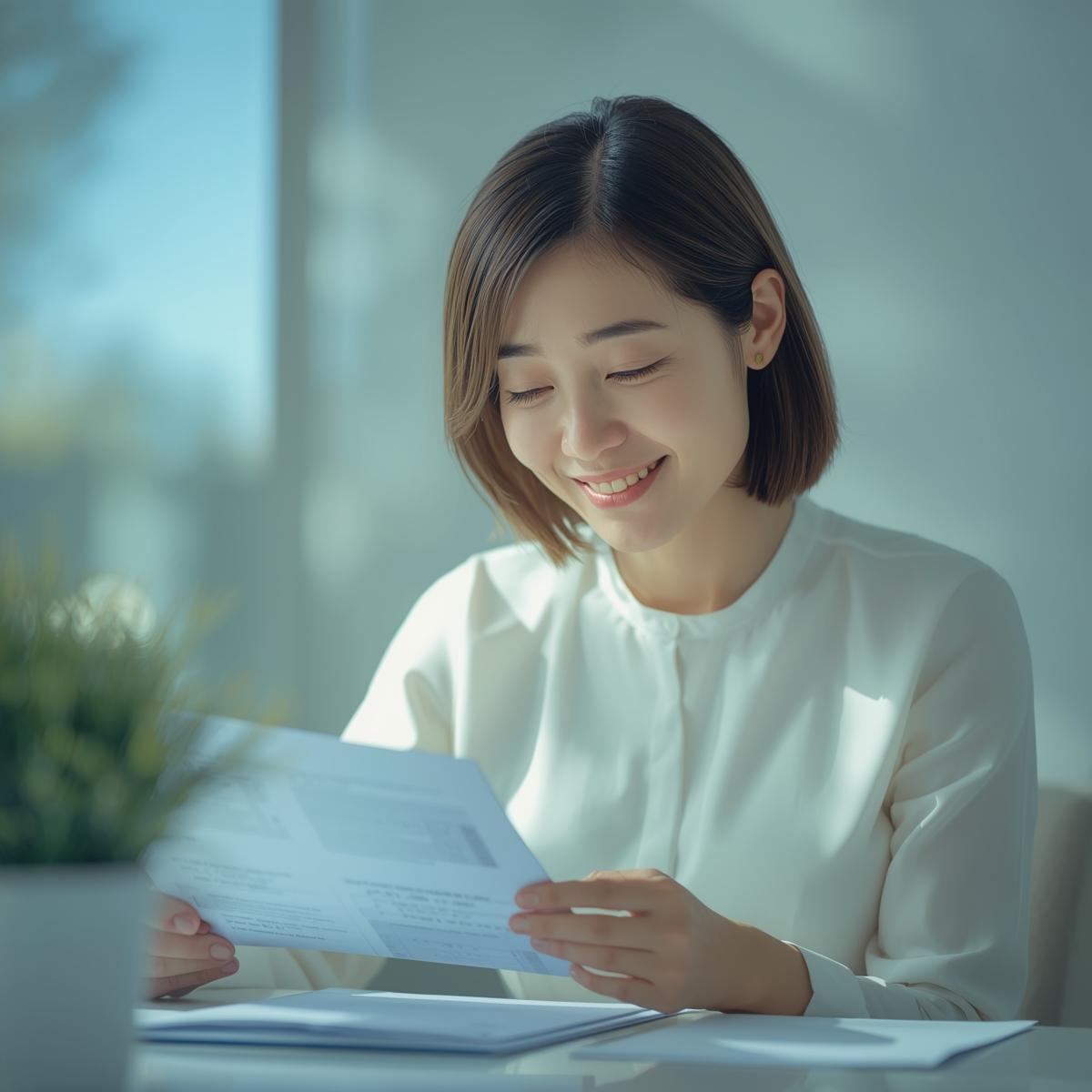 安心した笑顔で書類を提出する40代日本人女性の実写風写真。白と淡いブルー基調で前向きな印象を与える構図。
