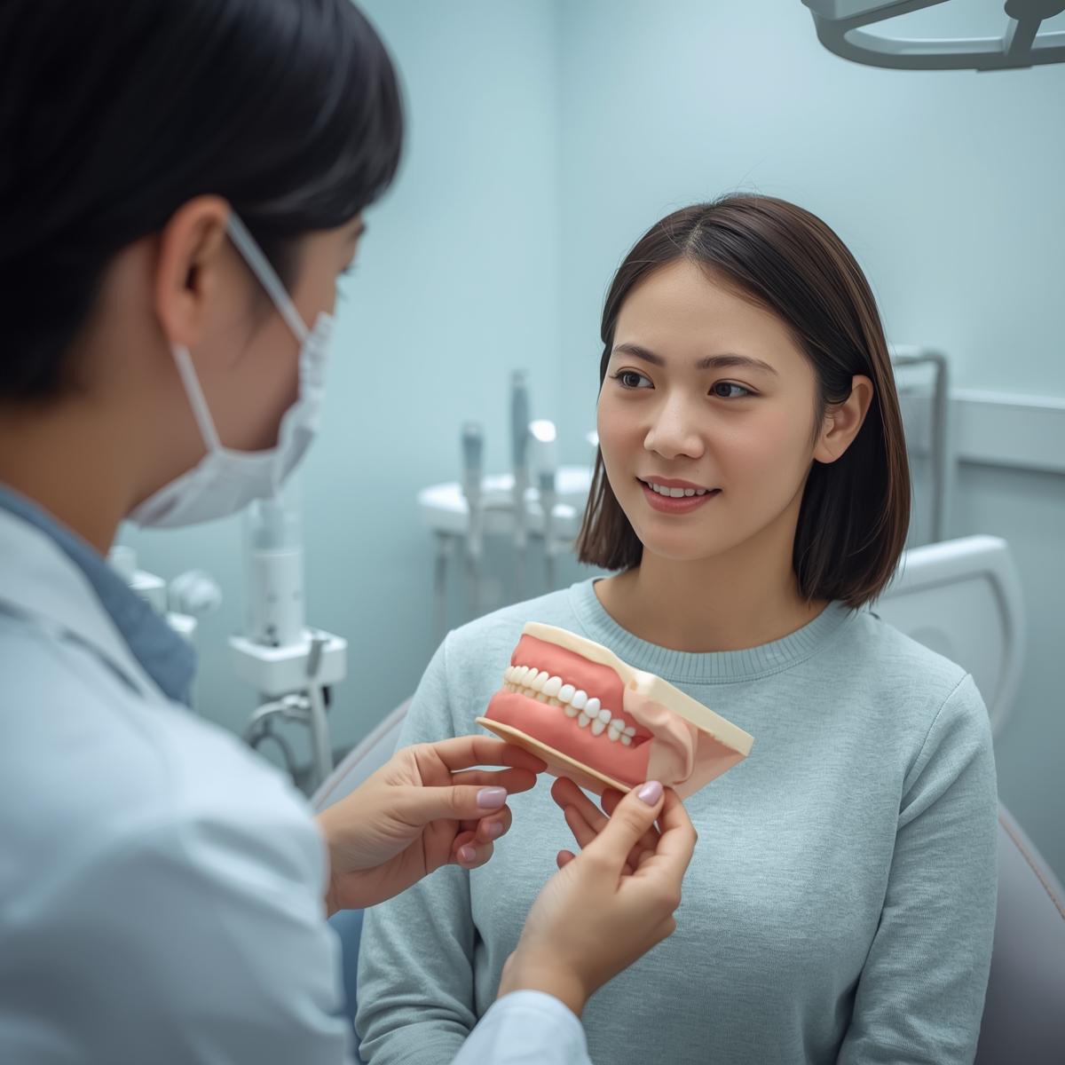 日本人歯科医師が模型を用いて説明し、落ち着いた表情で聞く大人の日本人女性の実写風イメージ。淡いブルー基調の歯科医院内。