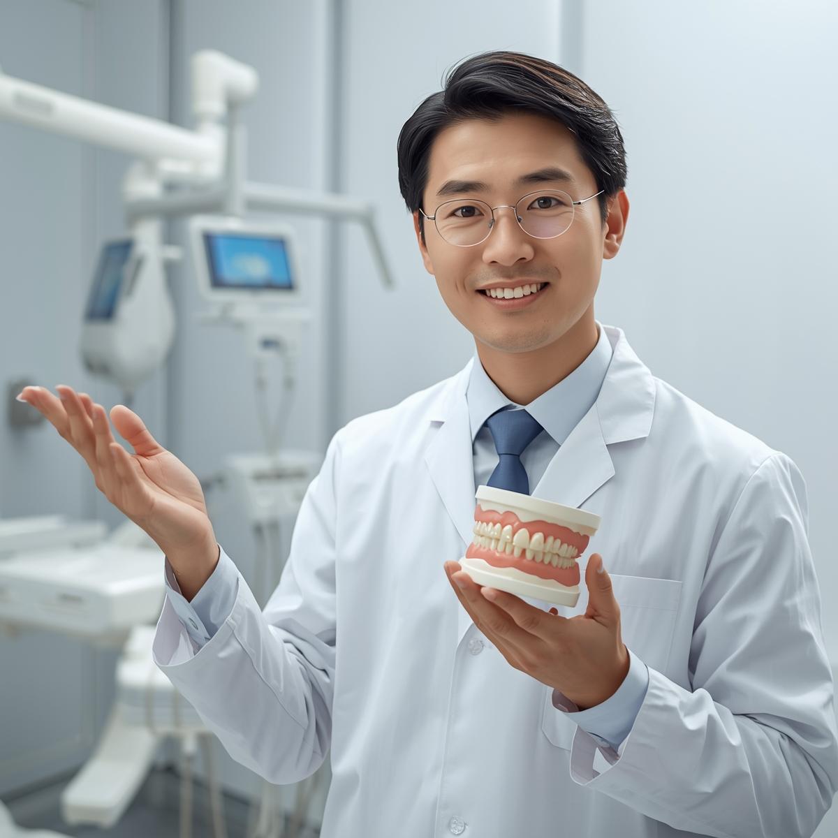 日本人歯科医師が歯列模型を手に、ワイヤー矯正の治療期間の説明をしている実写風写真。清潔感のある明るい院内背景。