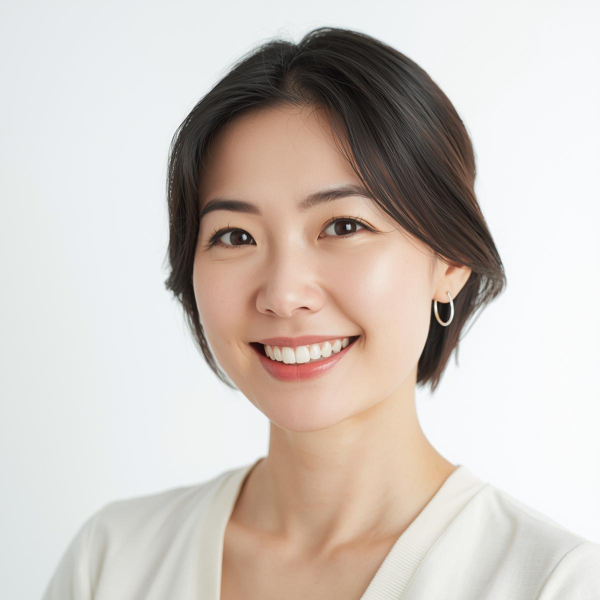 笑顔の日本人女性が透明リテーナー（歯科器具）を装着している様子。清潔感と安心感のある明るい構図。