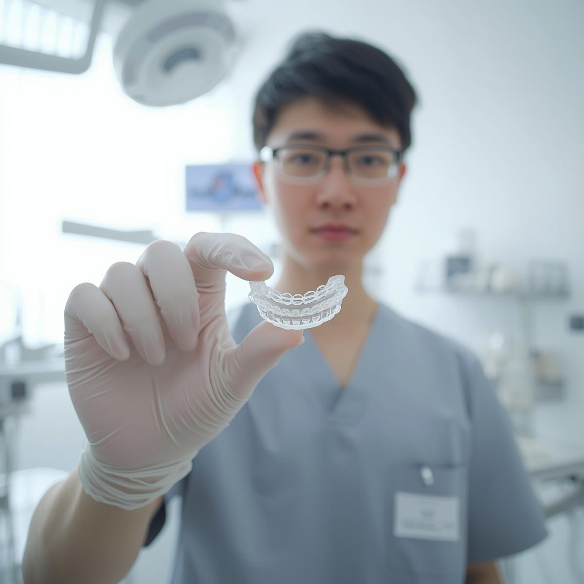 透明なリテーナー（歯科器具）を指で持ち上げて説明する日本人歯科医師。明るい診療室で実写風。