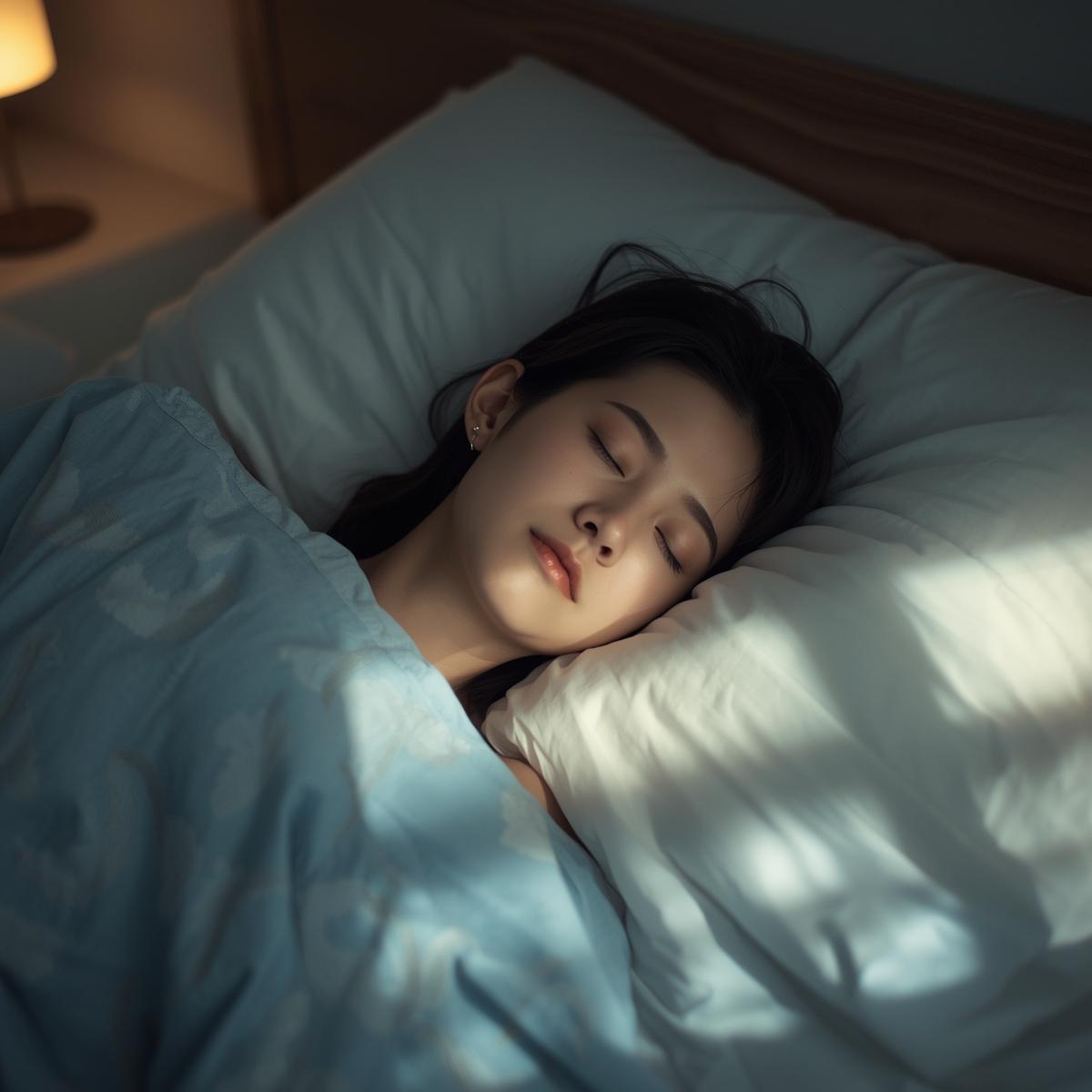 ぐっすり眠る日本人女性が穏やかな表情で眠っている様子。白と淡いブルー基調の寝室で清潔感のある雰囲気。